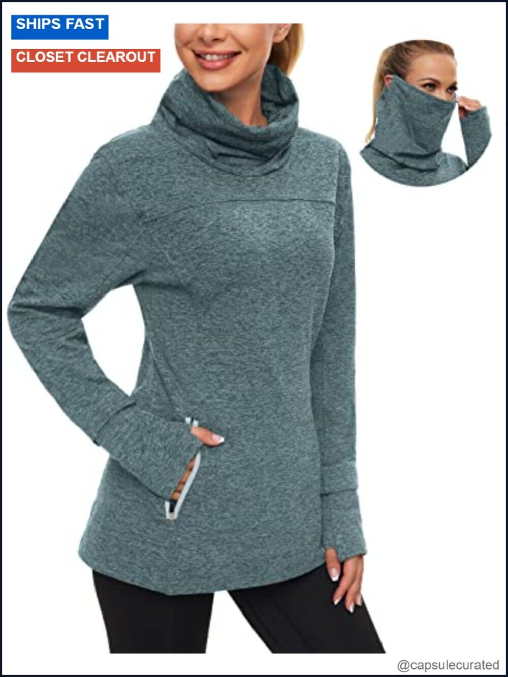 Women's Fleece Crew Neck Long Sleeve Thermal Pullover with Attached Mask